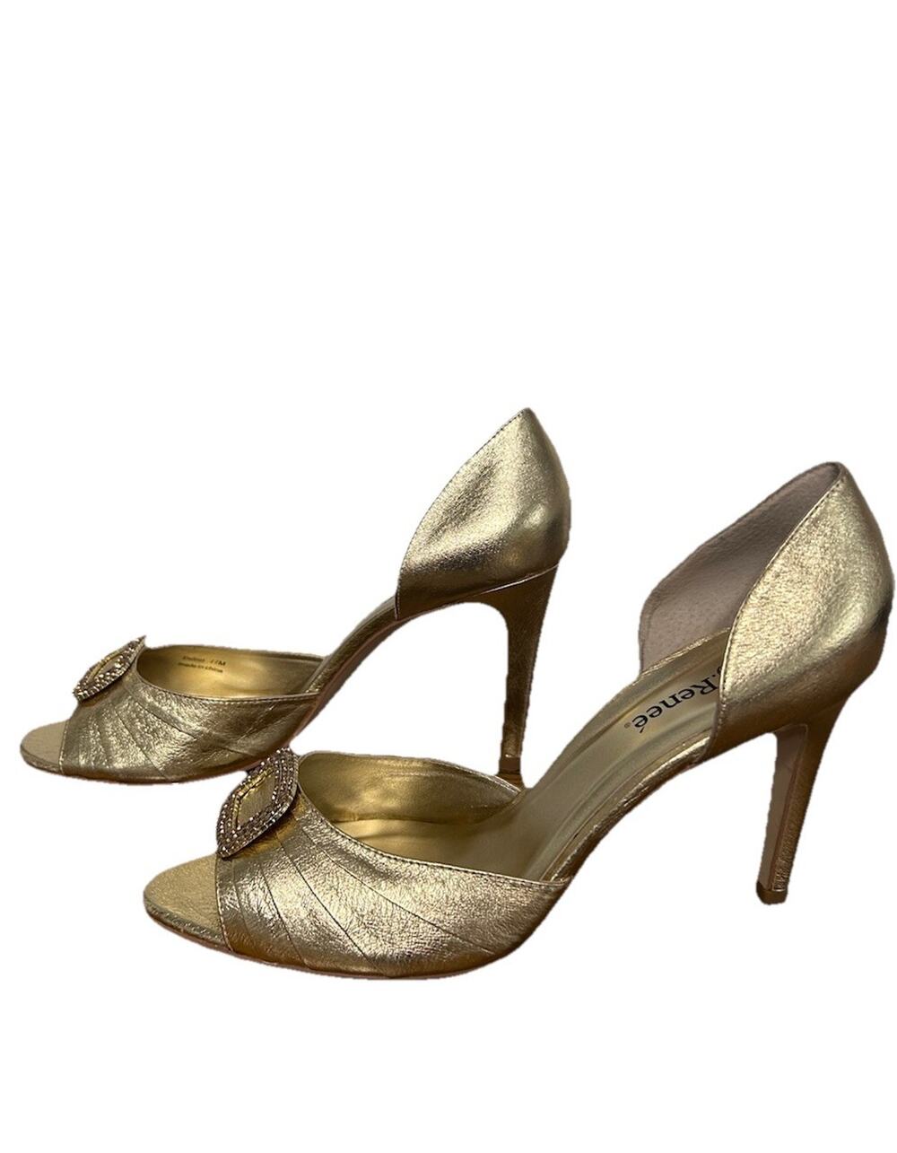 J Renee Pewter Gold Metallic Peep Toe Rhinestone Buckle D'Orsay 11M Classic